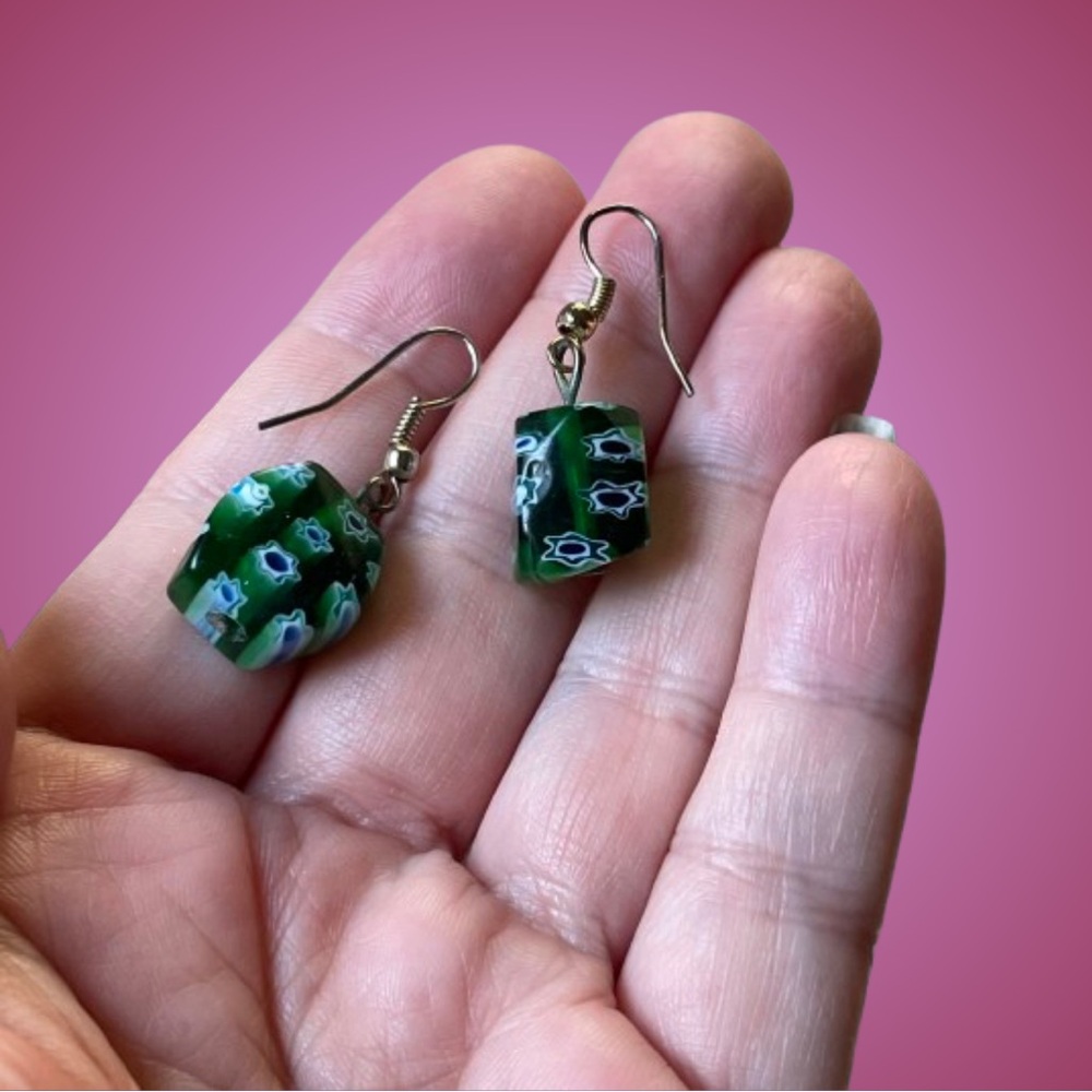 Chunky vintage millefiori art glass dangle earrings green blue white